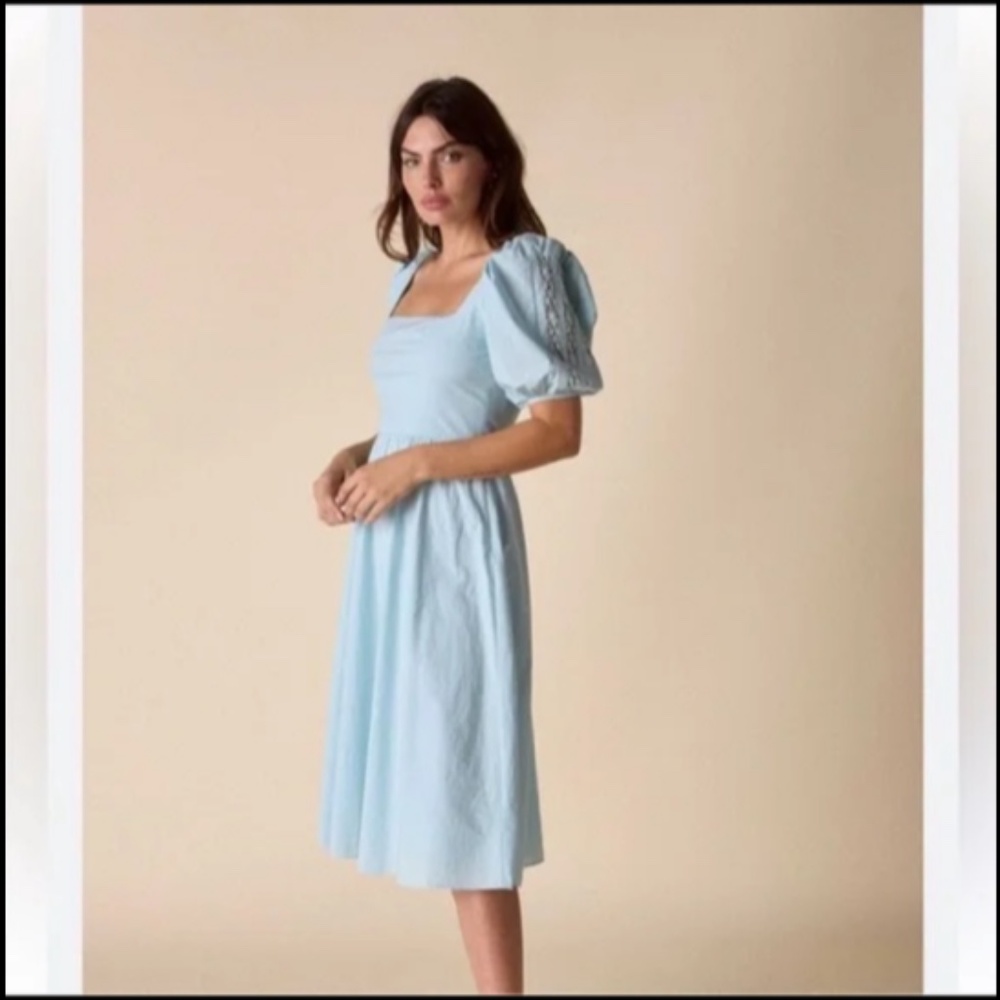 St. Roche Vista Puff Sleeve Embroidered Midi Dress Duck Egg Blue Size 6 - NWT